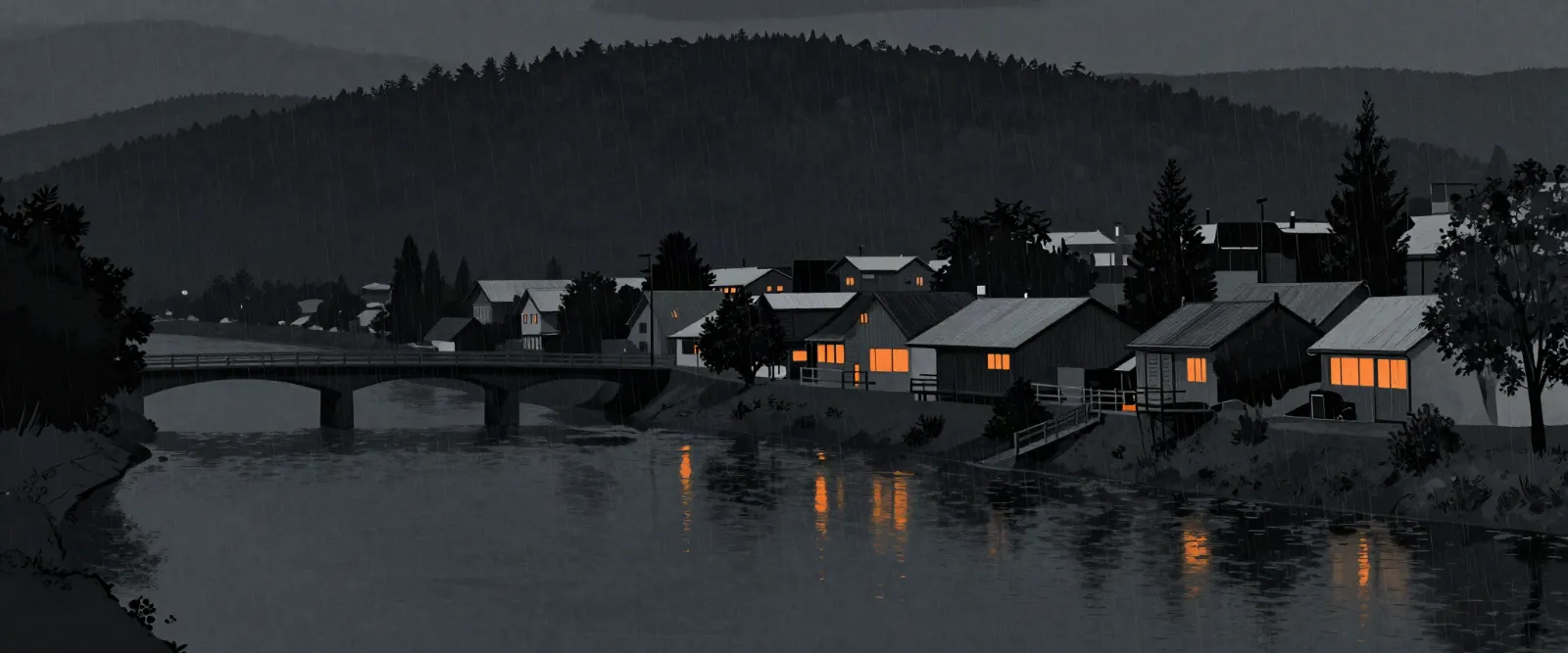 Ilustración de una ciudad junto a un río, de noche y con lluvia. Unas pocas ventanas encendidas se reflejan en el agua.